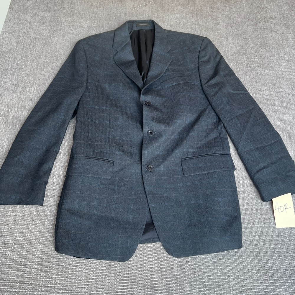 DKNY Macy's Blazer Jacket Mens 40R Dark Gray Plaid Wool Single-Breasted Formal